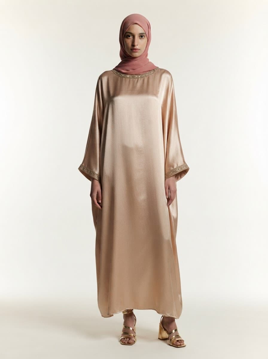 The model wearing: Champagne kaftan · blush chiffon hijab