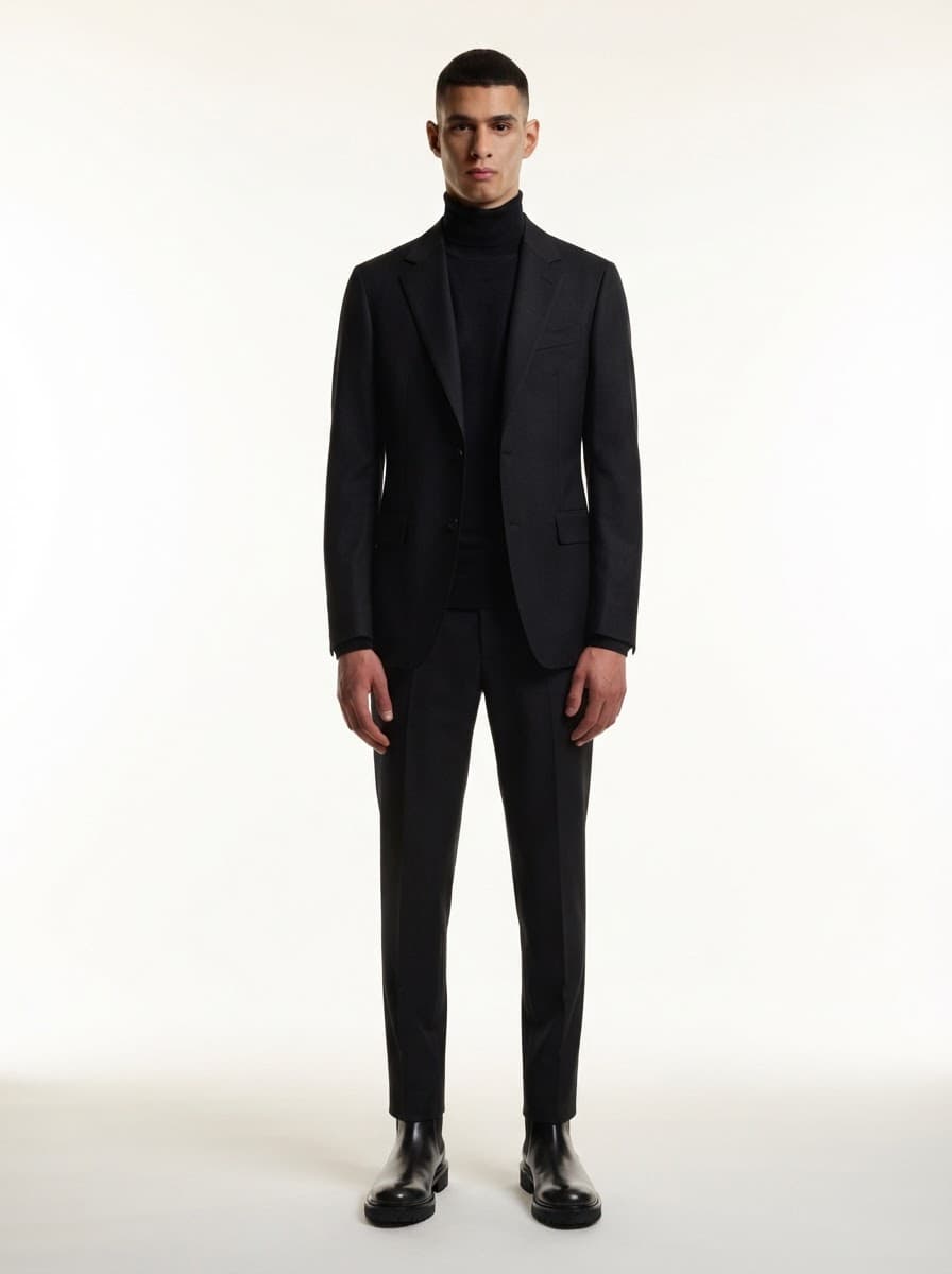 The model wearing: Black suit · merino turtleneck · Chelsea boots