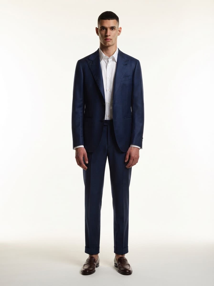 The model wearing: Navy suit · white shirt · loafers