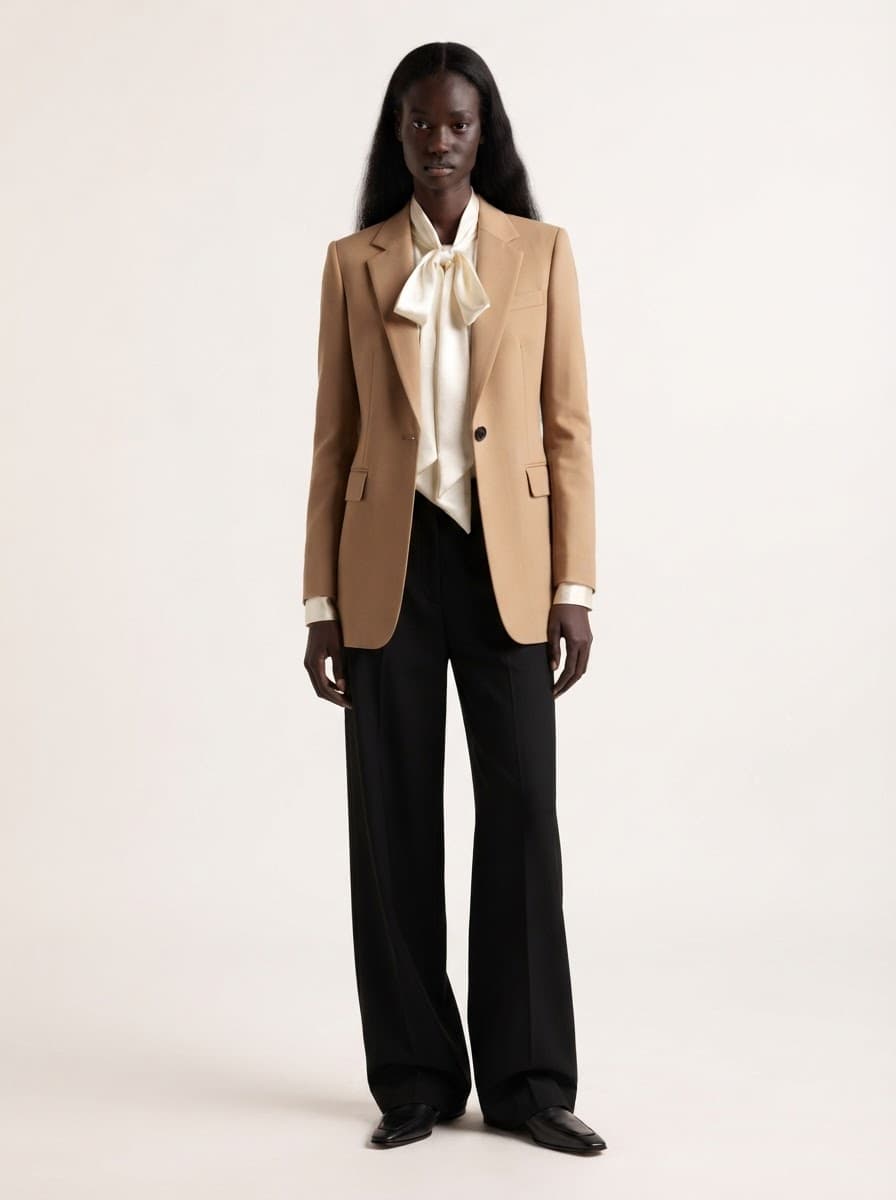 A woman in a camel blazer