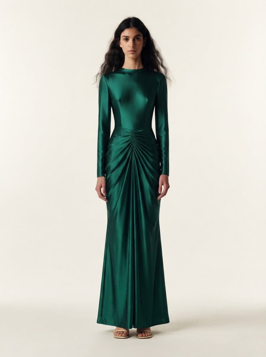 The model wearing: Emerald satin gown · gold sandals
