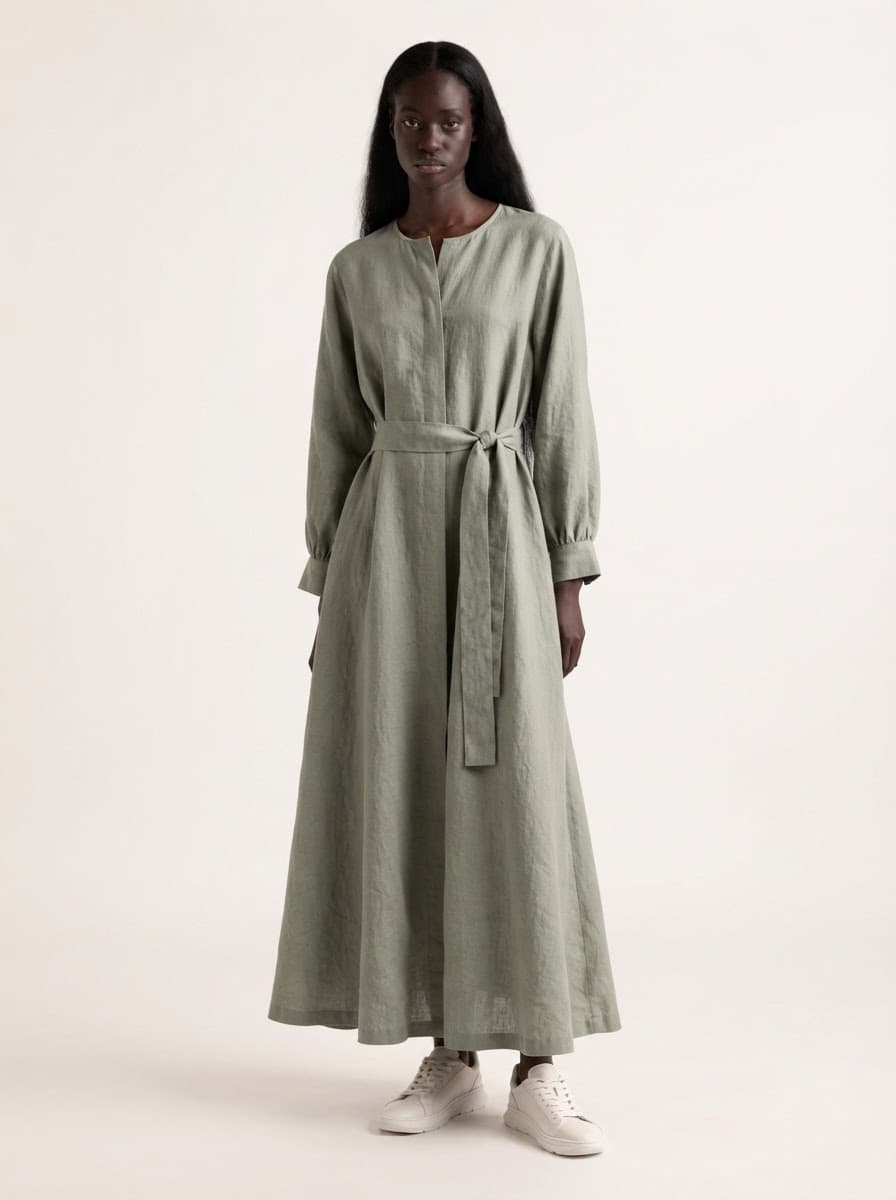 The model wearing: Sage linen shirt dress · sneakers